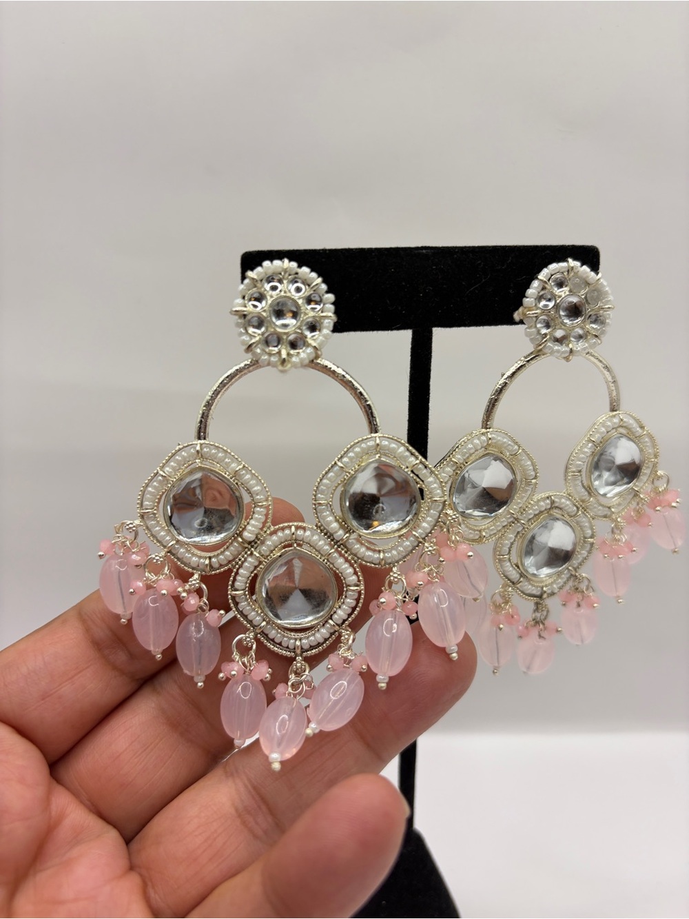Silver and Pink Beaded Chandbali Earrings - Unbranded